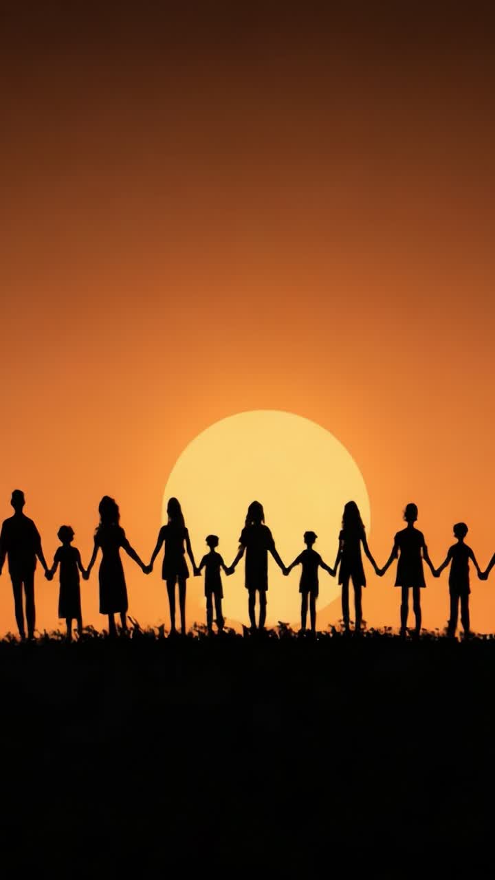 A Heartwarming Silhouette of Family and Friends Holding Hands Against a Beautiful Sunset, Symbolizing Unity, Togetherness, and Shared Moments of Joy