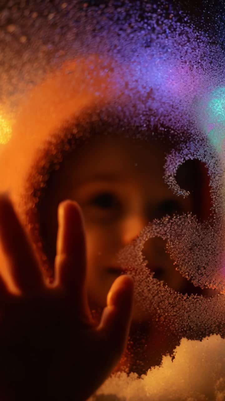 A Child's Curious Expression as They Touch a Frosted Window, with Colorful Lights Blurring in the Background, Capturing Wonder and Joy in a Magical Winter Atmosphere