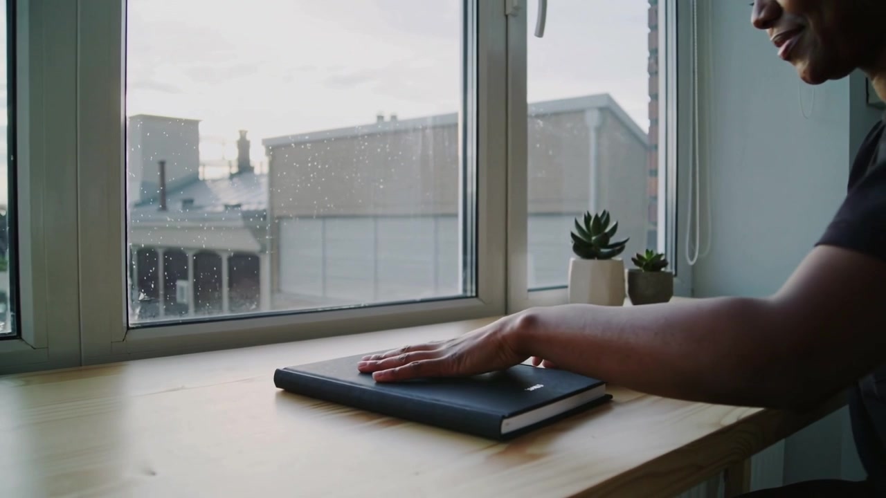 Finishing task, lifting black folio, man placing it over tablet by window desk, plants, copy space