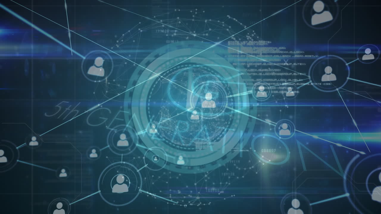 Animation of network of connections with people icons over scope scanning