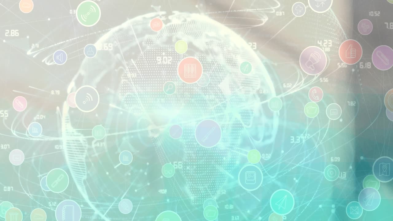 흐릿한 배경 위에 디지털 아이콘이 있는 지구의 애니메이션