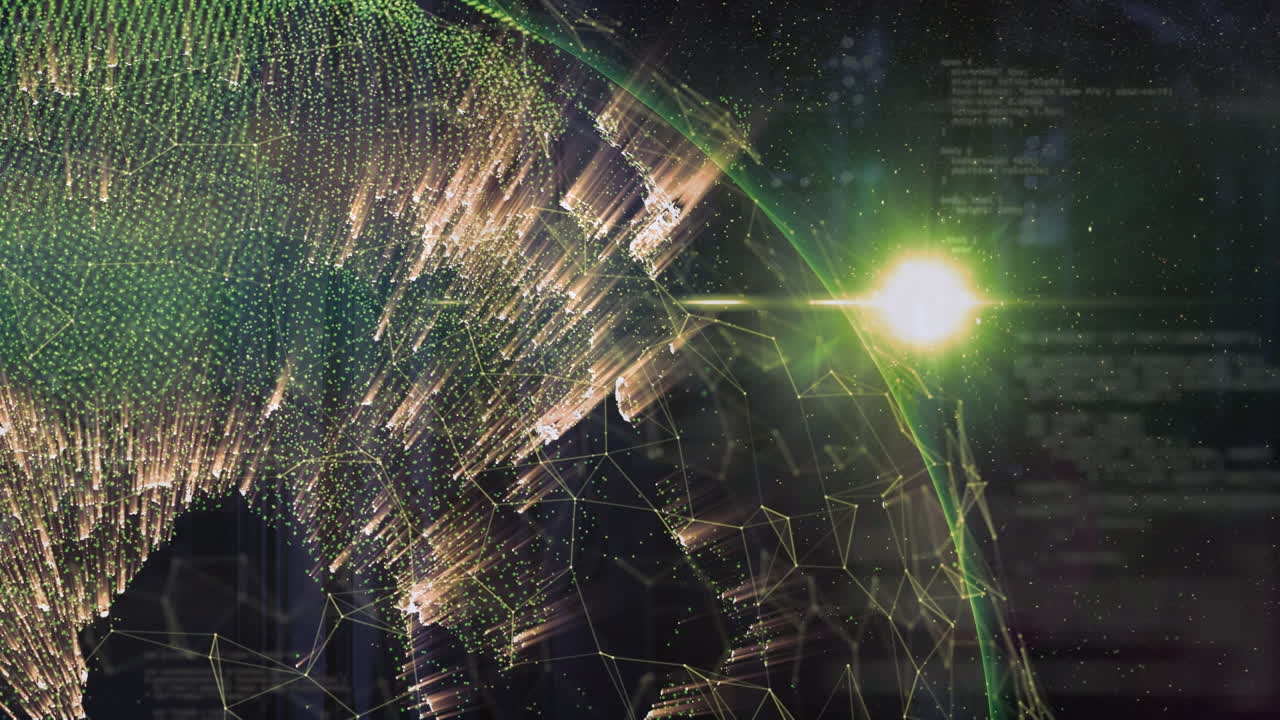 우주 와 태양 위 에 회전 하는 빛 과 신호 를 가진 지구 의 애니메이션