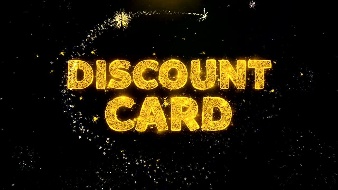 금 입자 불꽃놀이 디스플레이에 할인 카드 텍스트.
