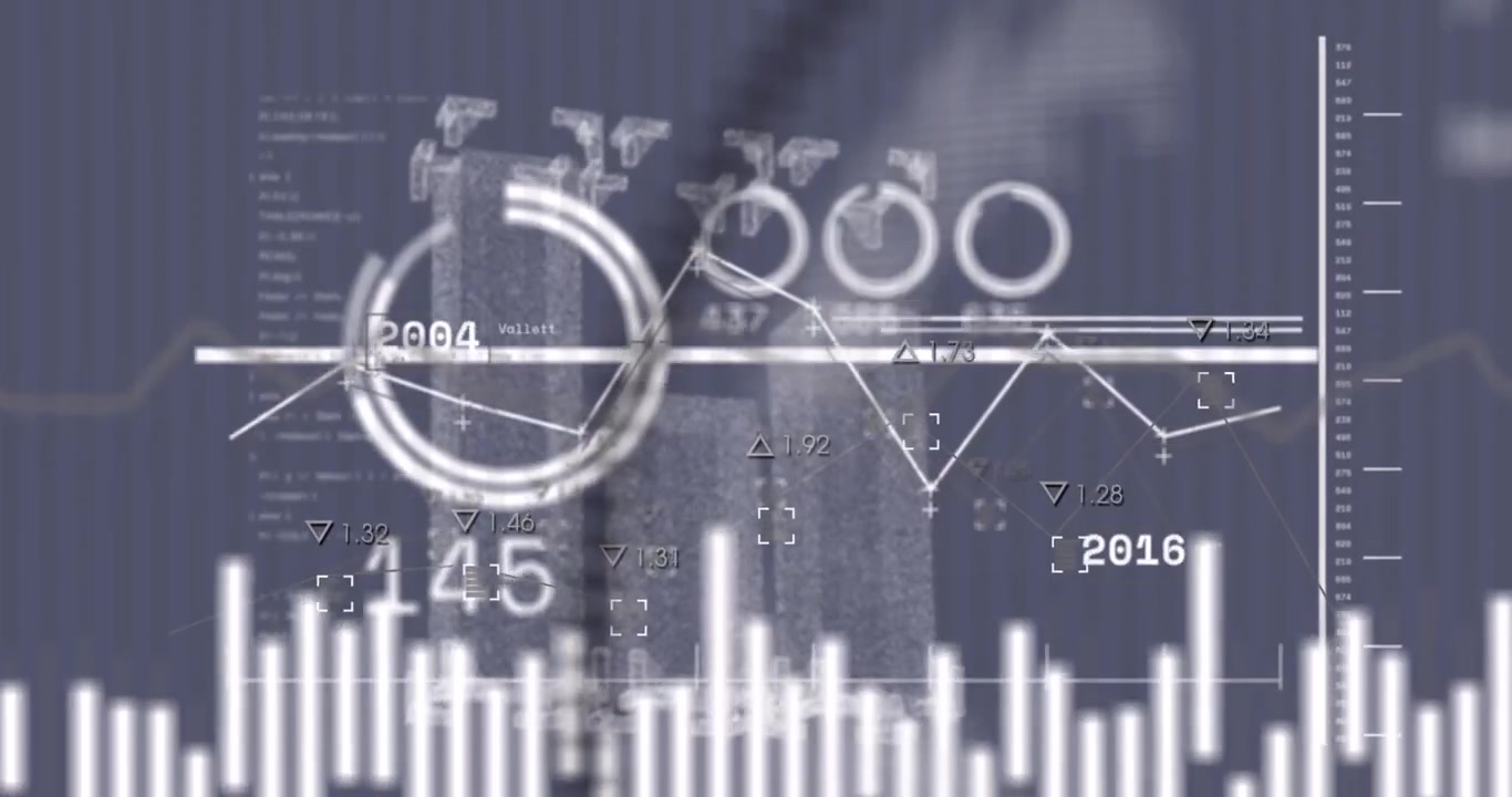 Animation of interface with spinning globe and stock market data processing against grey background