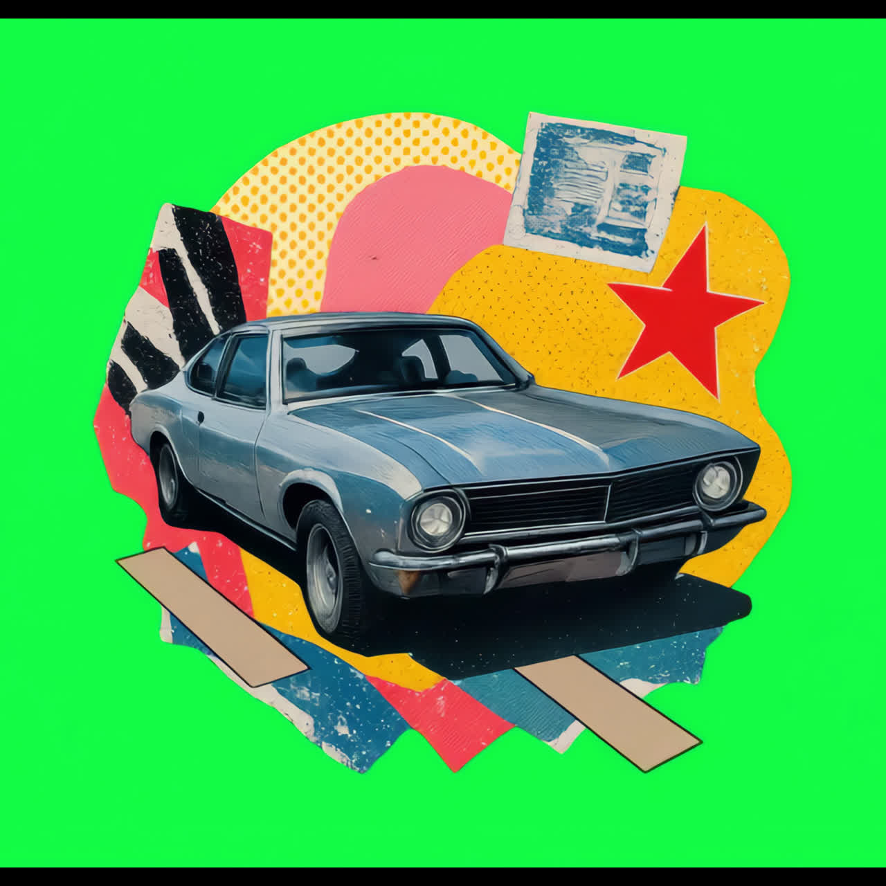 Vintage car pop collage animation isolated asset, transparent 4K video, alpha channel, ProRes 4444