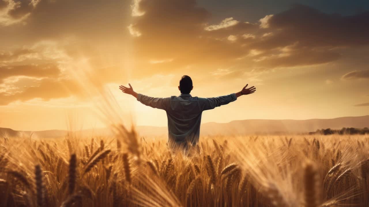 Rear view of a farmer standing with open arms in a golden wheat field, enjoying the beautiful sunset and the freedom of nature, expressing gratitude and connection with the land