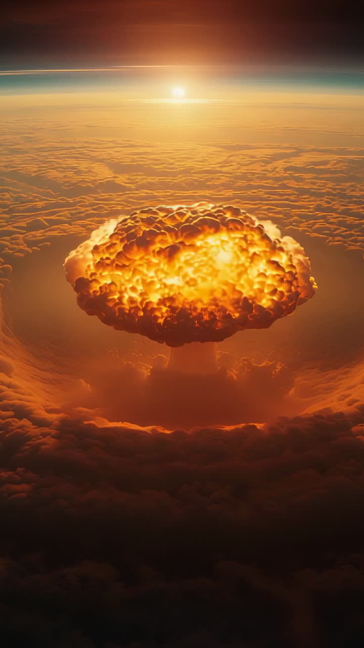 Vertical video: Mushroom cloud rising above dawn clouds after flash eruption, illuminating horizon