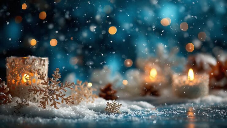 A Serene Winter Wonderland Display Featuring Glimmering Snowflakes, Soft Candlelight, and a Dreamy Blue Background, Perfect for the Holiday Season and Festive Celebrations