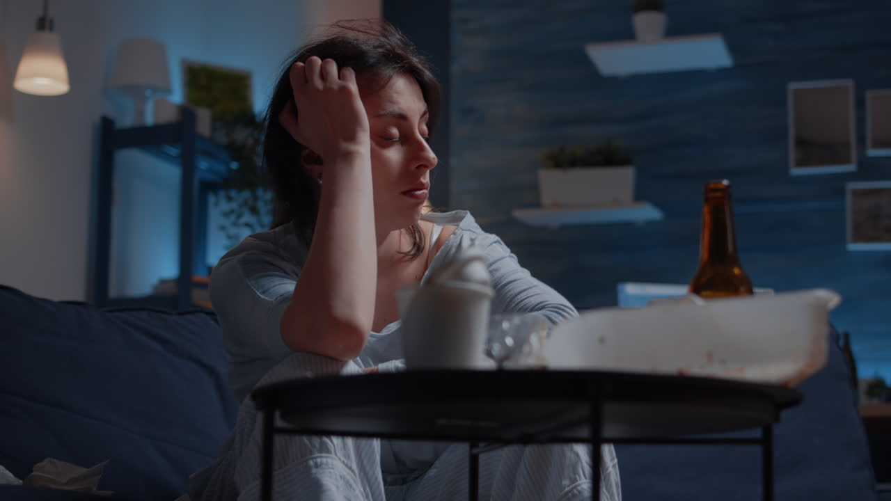 Frustrated stressed single woman having headache feeling sad depressed