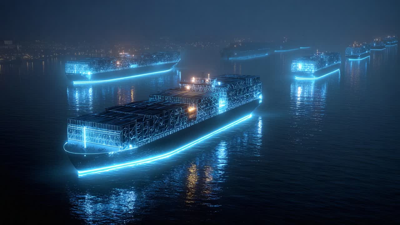 Futuristic autonomous cargo container ships with holographic outlines navigating the ocean at night, representing the future of global logistics, shipping, and international maritime trade