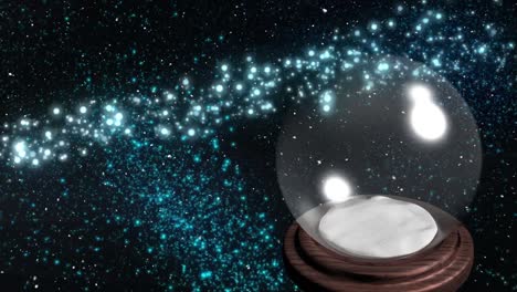 Animation-of-snow-and-first-star-falling-over-snow-globe-on-black-background