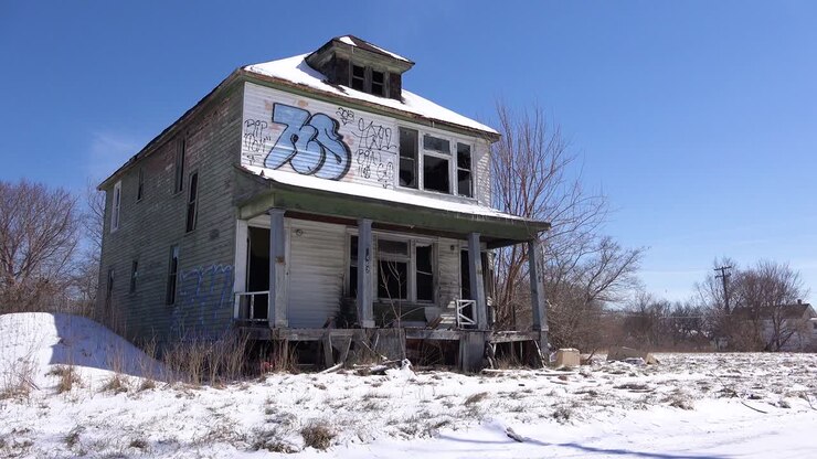 An abandoned house covered with graffiti in a ghetto section of downtown Detroit Michigan