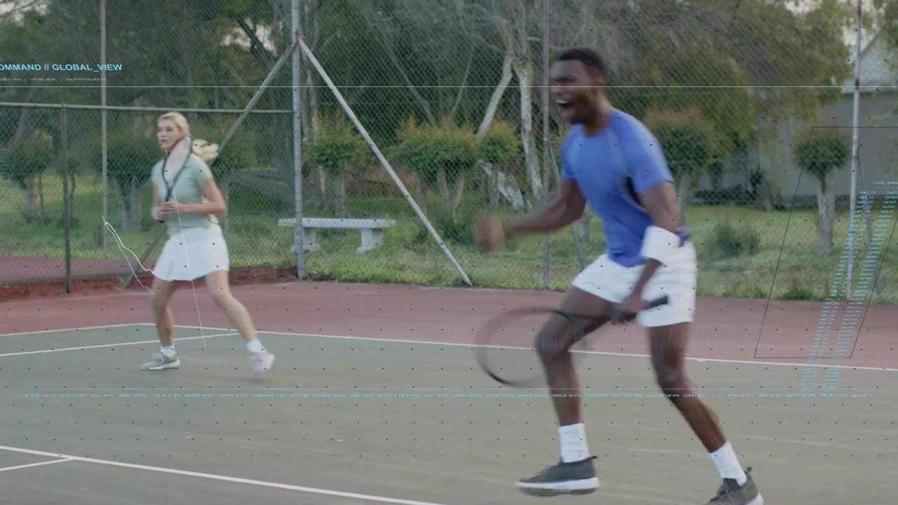 Male player swinging racket on ball, partner tracking, graph overlay showing sports data for drills