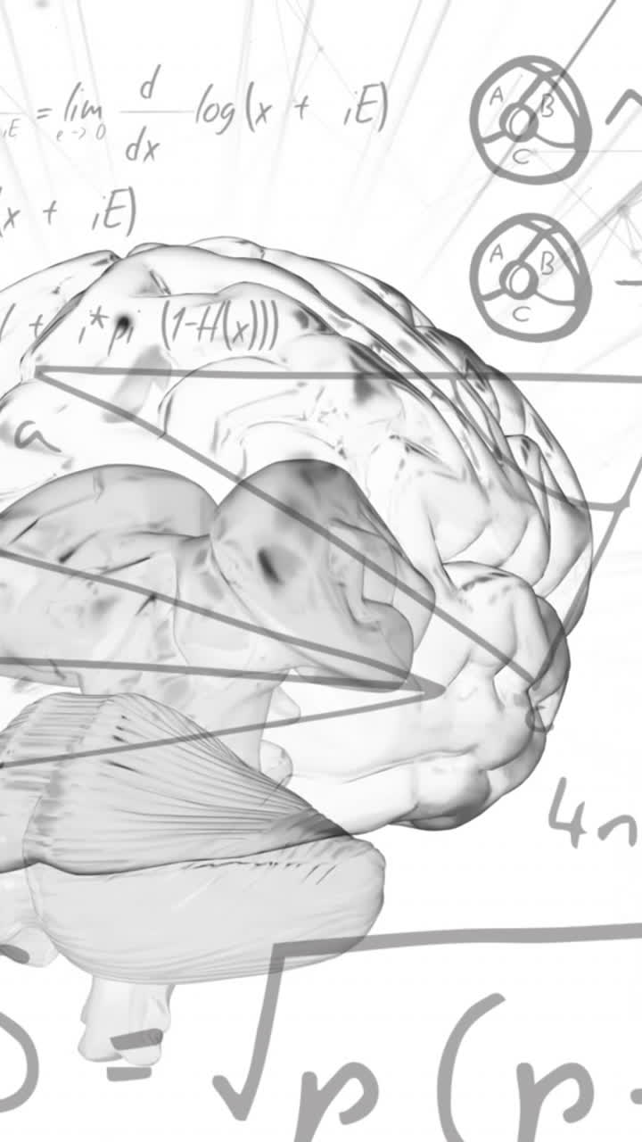 animación del cerebro digital y ecuaciones matemáticas sobre un fondo blanco