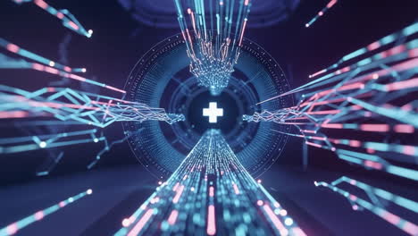 abstract digital data flow with central plus symbol