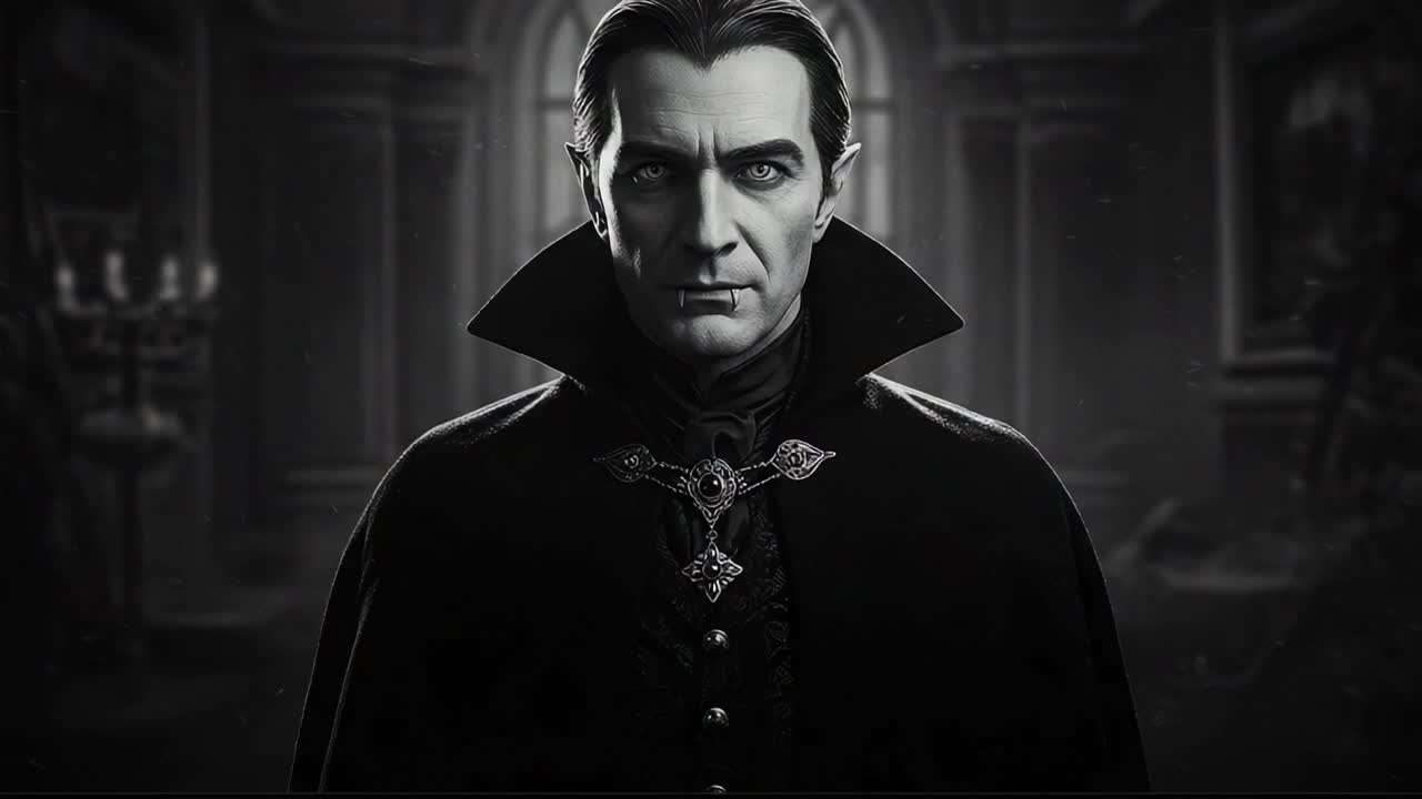 A menacing figure stands in a dimly lit room, exuding an aura of power and mystery while dressed in a classic dark cloak, with an intense gaze that captivates the viewer