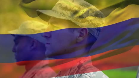 animación de la bandera de colombia sobre varios soldados varones
