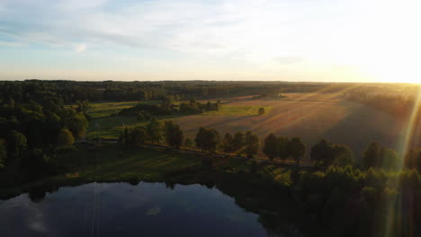 Luftaufnahme-über-Erhaltene-Natur-Mit-Feldern-Und-Bäumen-Zur-Goldenen-Stunde