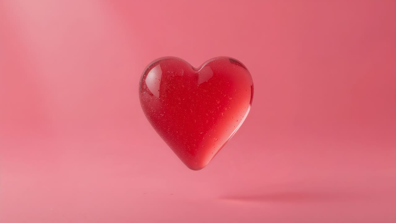 Cuore lucido fluttuante che reagisce a un raggio di luce ampio a sinistra su sfondo rosa, rivelando brillantini interni