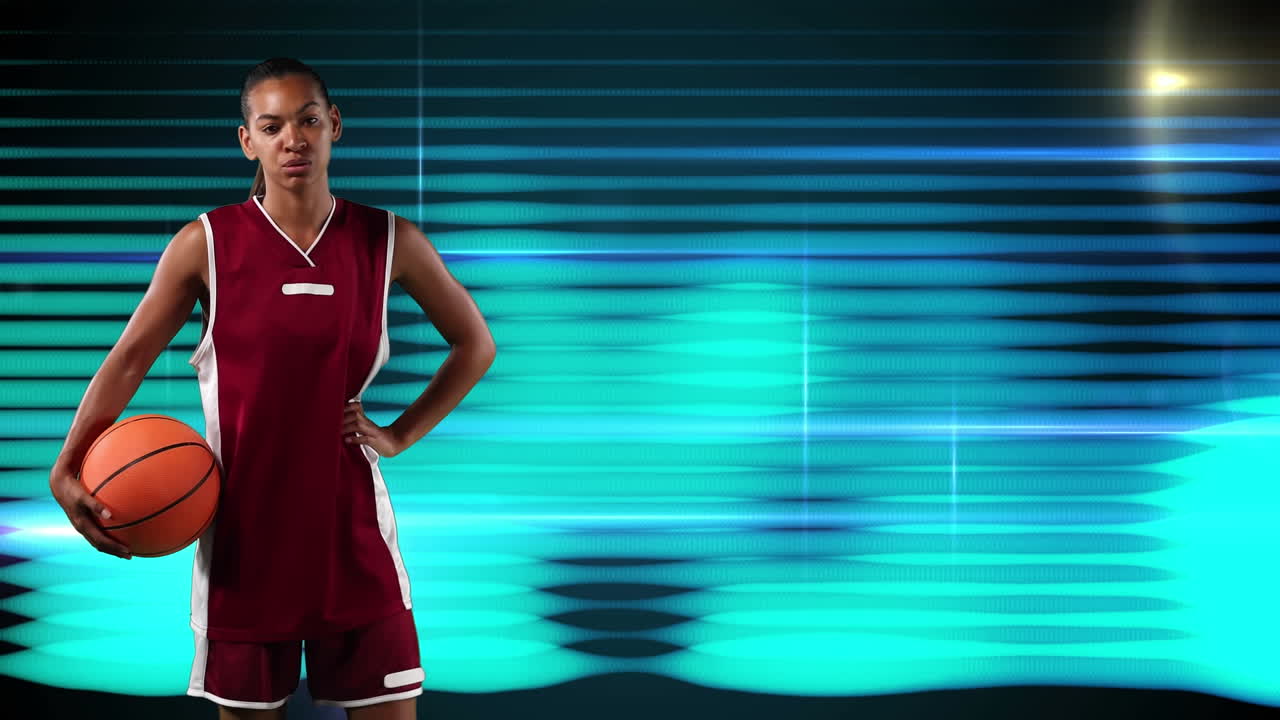 animación de un jugador de baloncesto sosteniendo la pelota sobre rastros de luz