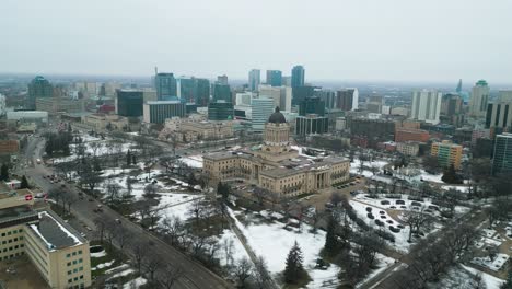 wide aerial downtown legislative historic building winnipeg manitoba canada during a foggy afternoon