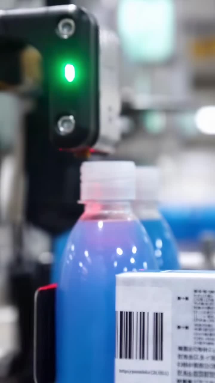 Close-up video of blue bottles on a conveyor belt in a factory, captured at eye level