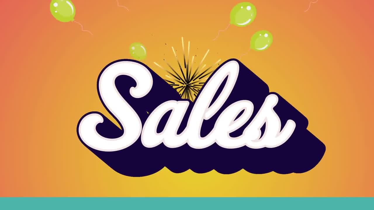 animación de ventas de palabras en blanco con fuegos artificiales y globos en naranja