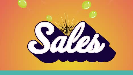 animation of word sales in white with firework and balloons on orange