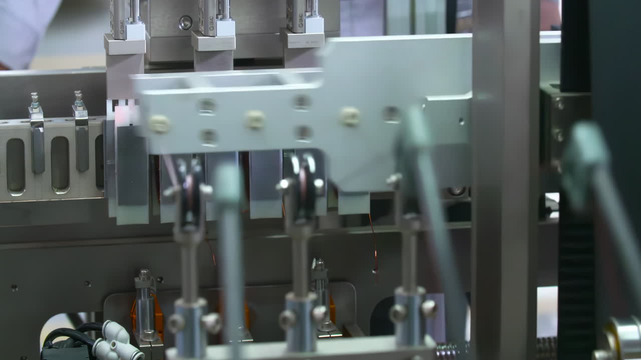 Real shot assembly line inside automated robotic assembly machine of motor coil copper wires in a factory production process automobile manufacturing plant