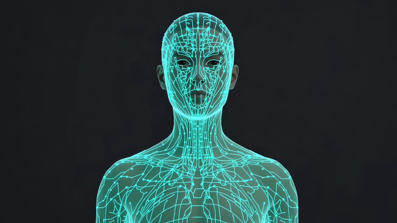 Superimposing glowing turquoise mesh overlay over digital humanoid bust in studio, mapping network