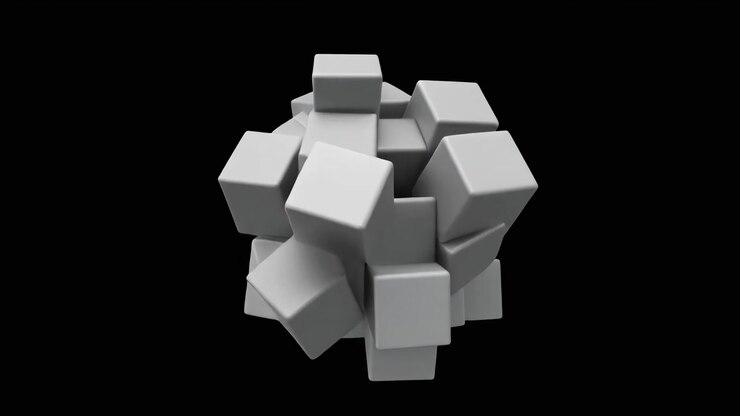 Abstract 3D Animation of Rotating Grey Cubes Forming a Sphere