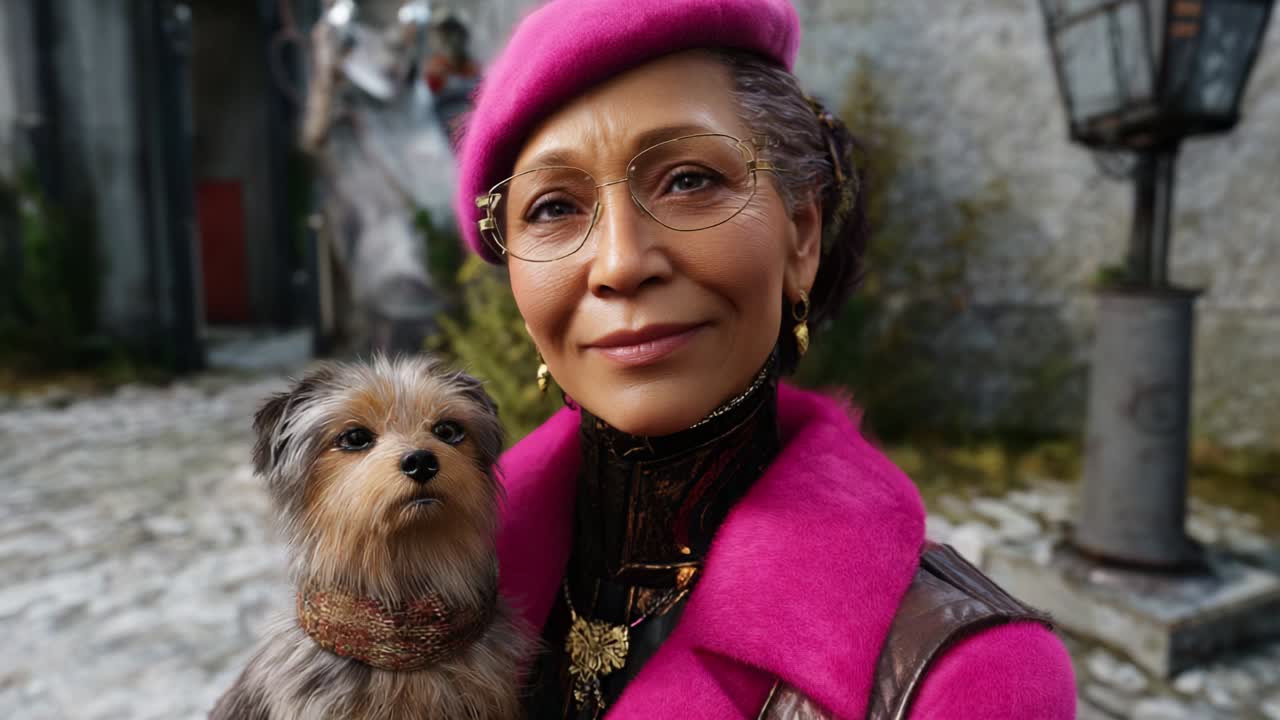 An elegant woman in a pink beret and vibrant coat holds her small dog close, smiling warmly in a charming outdoor setting, showcasing a delightful moment of companionship and style against a scenic backdrop