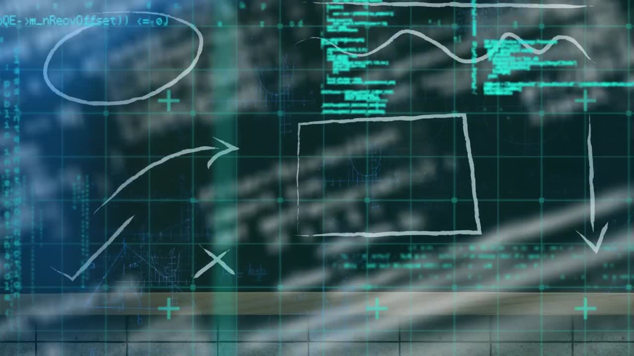 검은 바탕에 화살표, 기호, 컴퓨터 언어에 대한 모양과 렌즈 플레어의 애니메이션