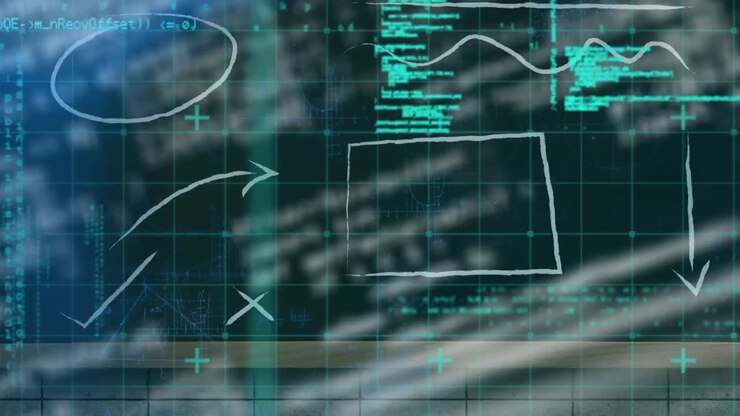 Animation of arrows, symbols, shape over computer language and lens flares on black background