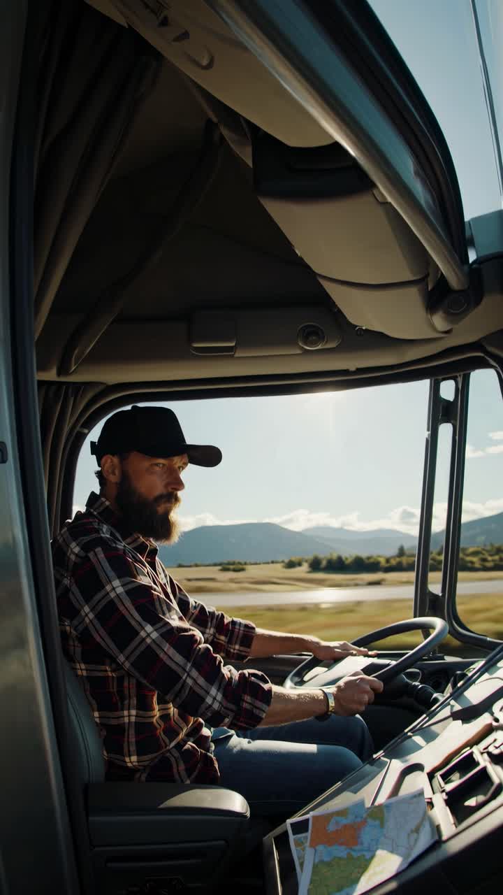 Video still of a bearded truck driver in a plaid shirt, captured from a low angle inside the cab