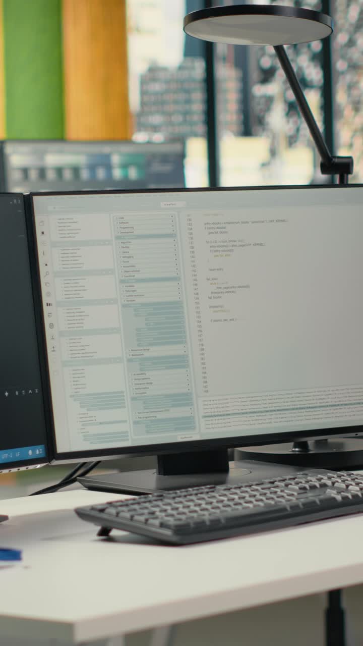 Vertical video Advanced AI algorithms running on computer monitors in empty startup workspace