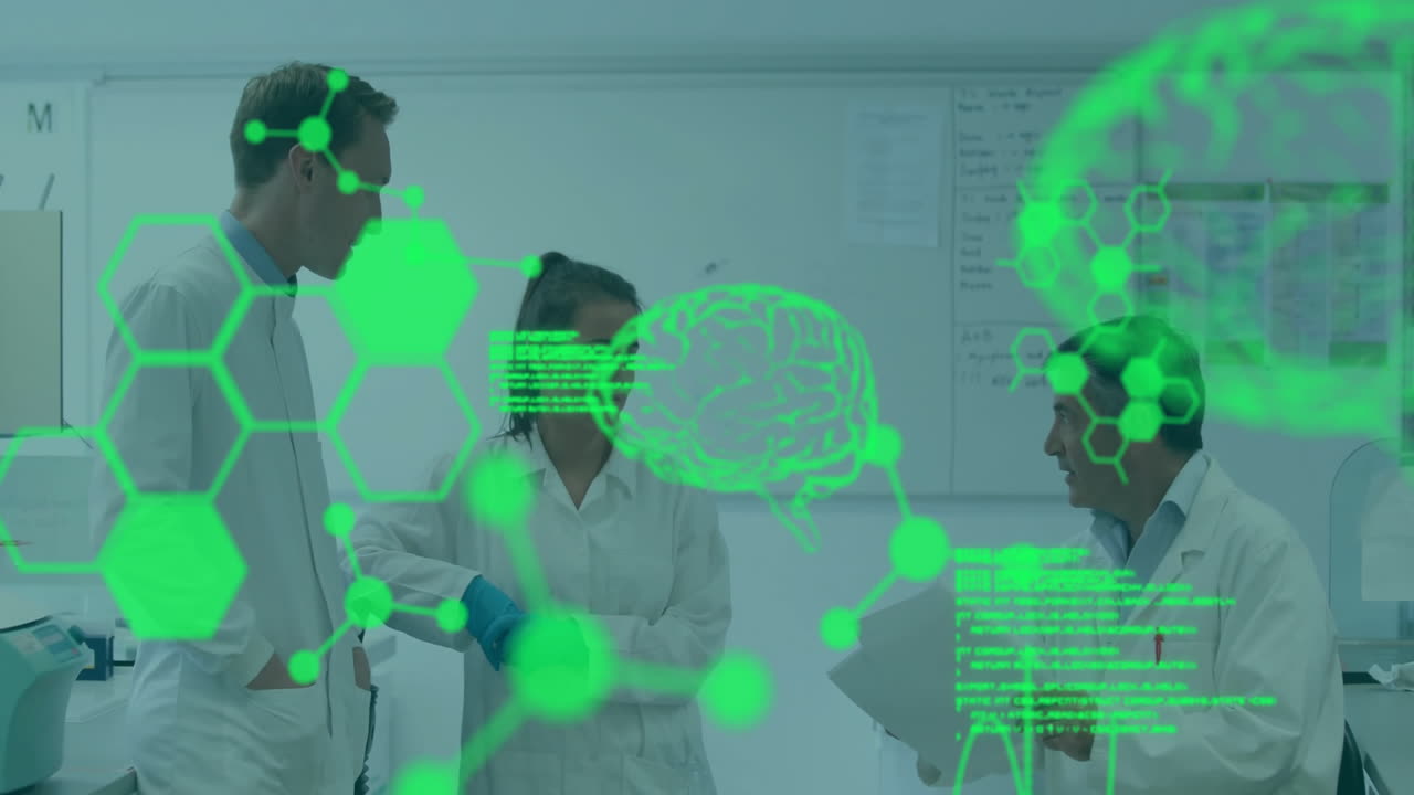 Animation of digital brain with molecules and data processing over diverse scientists working in lab