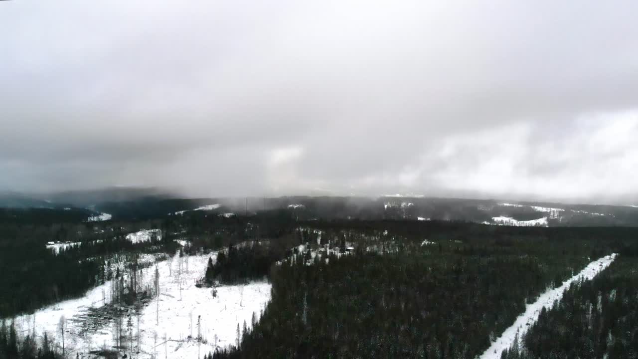 Drone shot of a snowy landscape in Sweden.