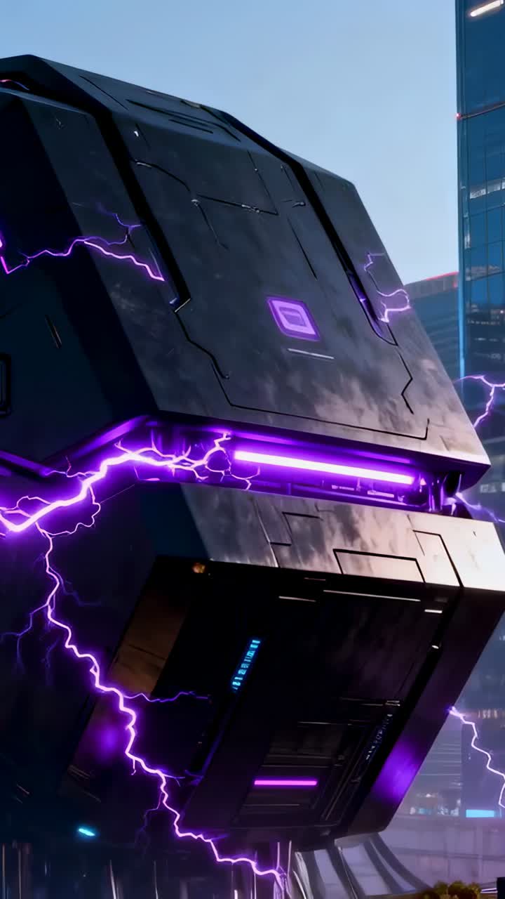 Vertical video: Panning camera showing cube sparking purple seam near glass tower, emblem and LEDs