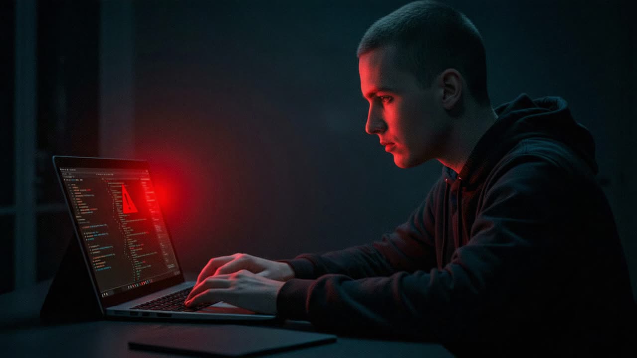 Young man engaged in focused programming session at night with illuminated laptop screen and dark surroundings