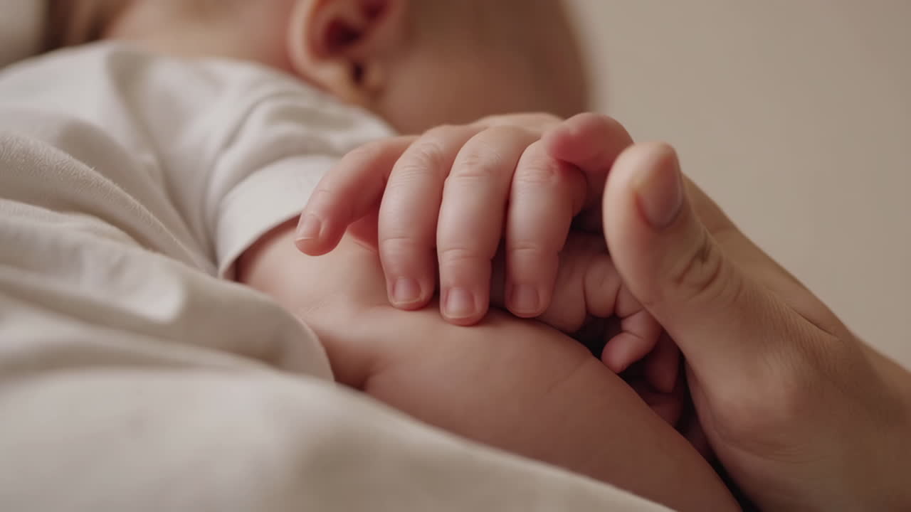 Baby's hand gripping an adult's finger