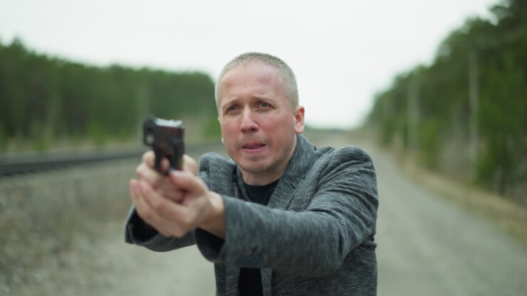 A close view of a man in a gray jacket aiming a handgun with a determined expression, the background shows a blurred railway track and forest