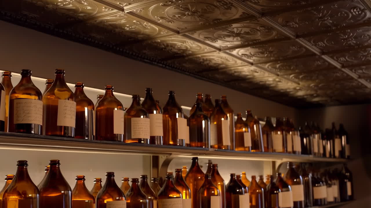 Row of Amber Glass Bottles on a Shelf with an Ornate Ceiling