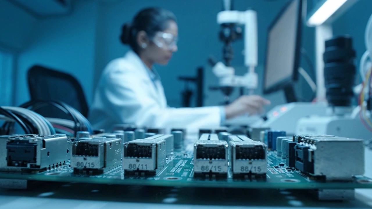 Focused Technician Working in Laboratory on Circuit Board Analysis and Microelectronics Development with Advanced Tools in a High-Tech Environment