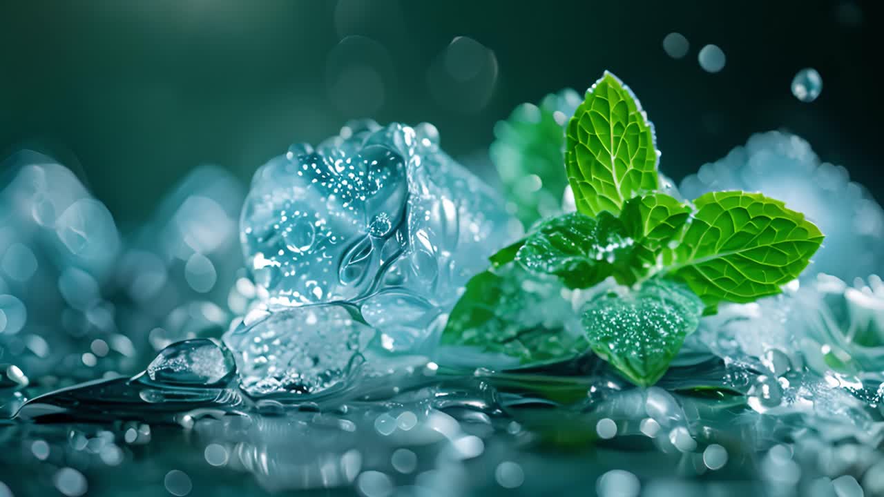 Refreshing Mint and Ice with Water Droplets