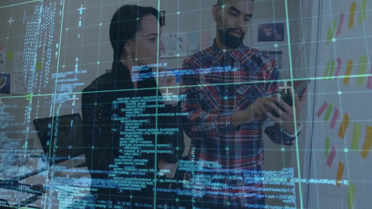 Vertical video: Holding smartphone, man in plaid top and woman in dark top checking code at office