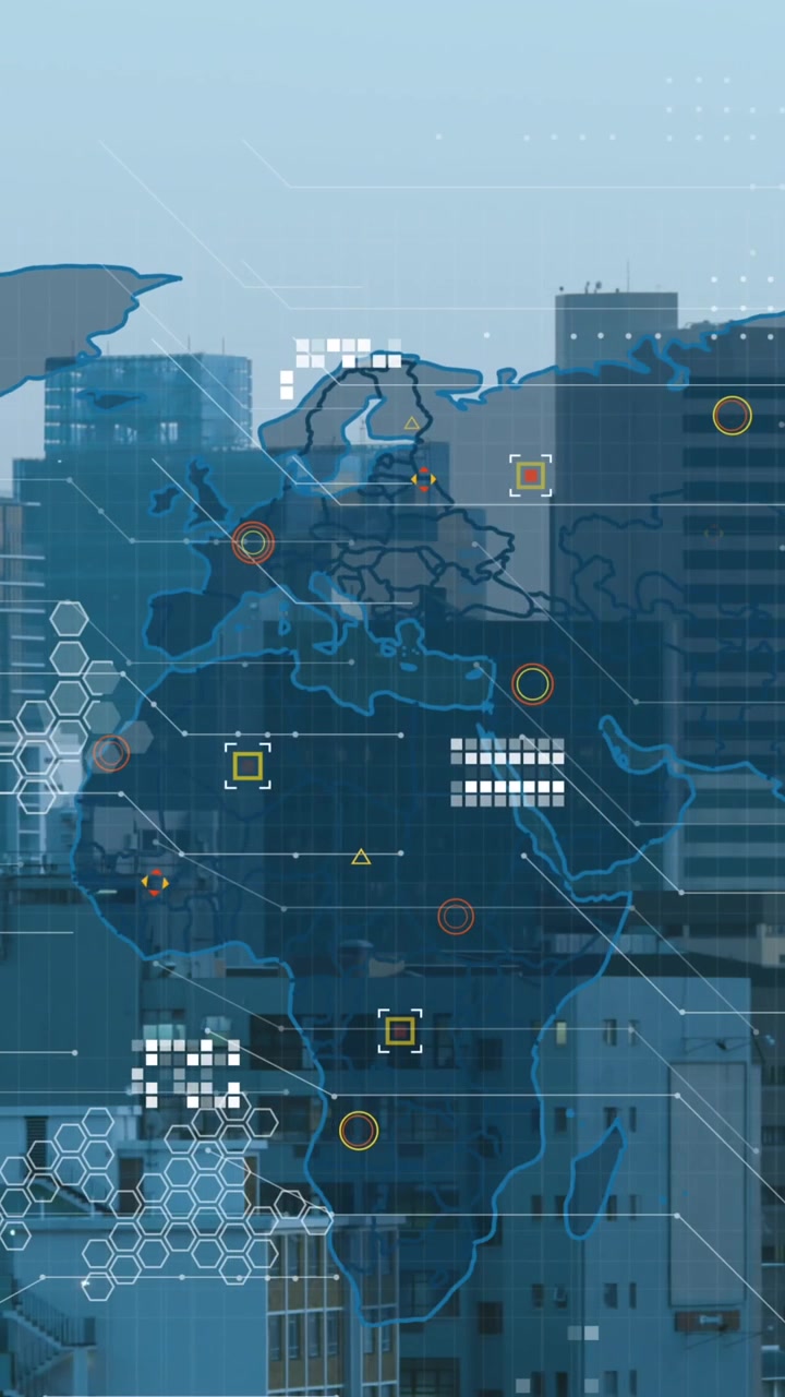 Mappa del mondo digitale sovrapposta a un paesaggio urbano con connessioni dati