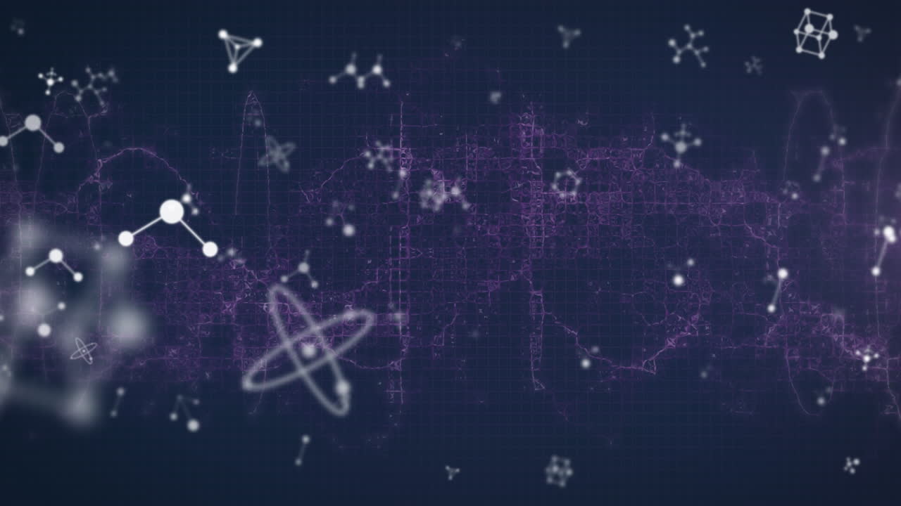 estructuras moleculares flotando y estrella fugaz contra ondas digitales en fondo azul