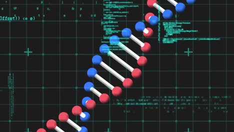 Animation-Einer-Rotierenden-DNA-Helix-über-Gittermuster-Und-Computersprache-Vor-Schwarzem-Hintergrund