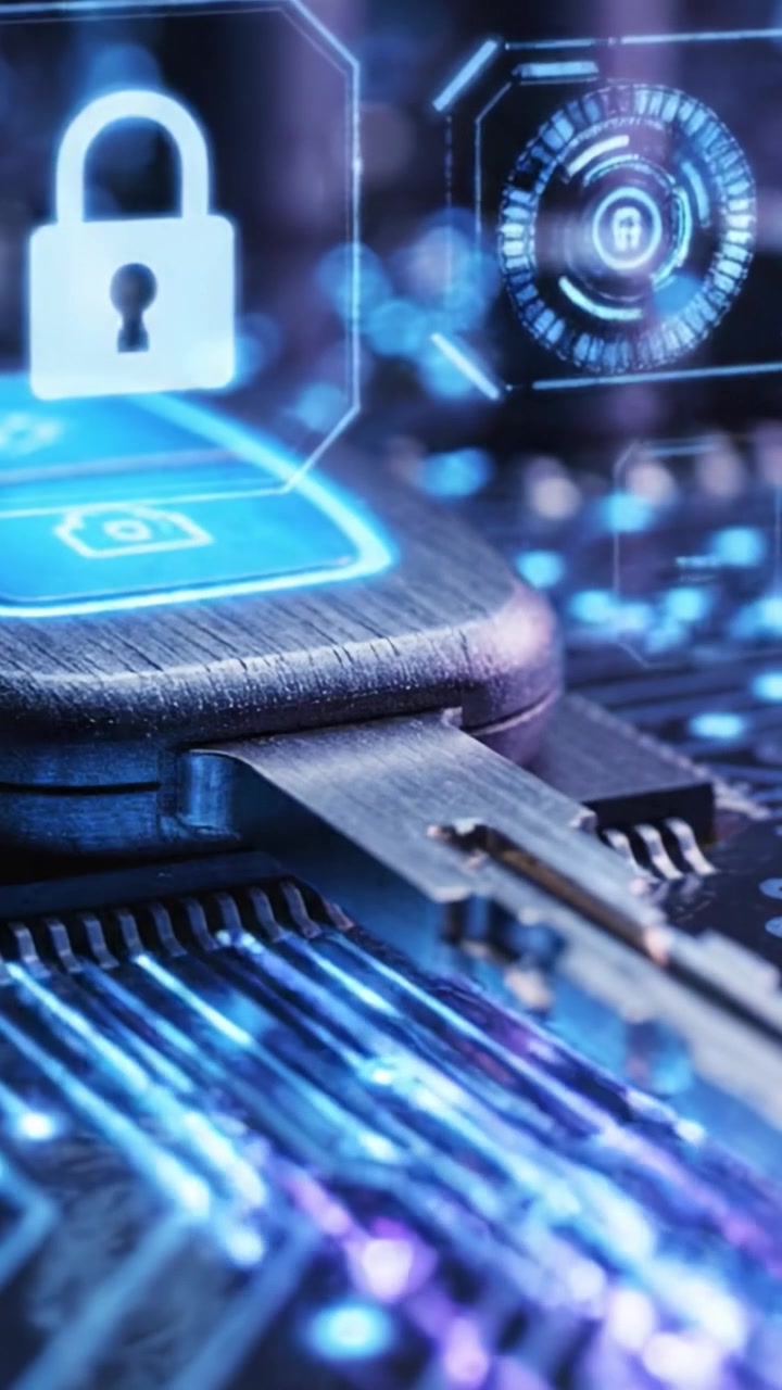 High-Tech Key on a Circuit Board: A Close-Up Look at the Fusion of Technology and Security Features in a Futuristic Setting
